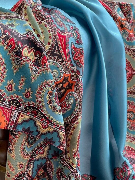 Women's Blue Lightweight Silk Like Scarves Flowers Print Head Cotton Wrap Scarf - Picture 5 of 5